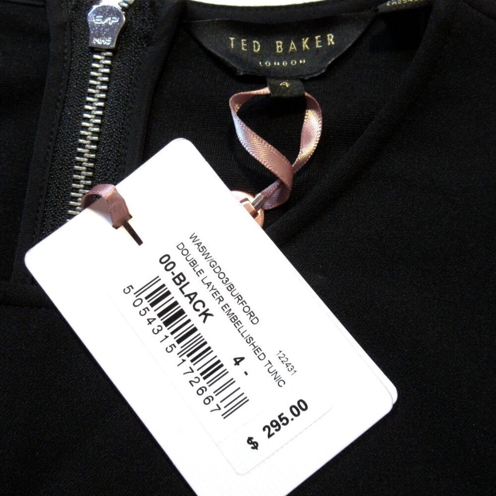 NWT Ted Baker Burford in Black Double Layer Embellished Mini Dress 4 / US 12 - Picture 4 of 6